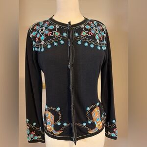 Embroidered Black Cardigan with Colorful Accents